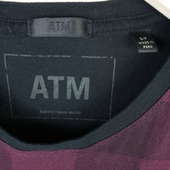 ATM Anthony Thomas Melillo Merlot & Black Plaid Crewneck T-Shirt size S Burgundy - Picture 6 of 13